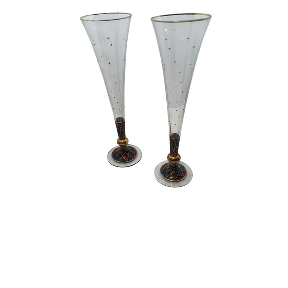 Set of 2 Hand Painted Harlequin Champagne Flutes Gold Dots Bubbles Gold Trim VGC